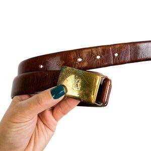 Vintage YSL Solid Brass Buckle Oil Tan Brown Leather Belt - Size 38